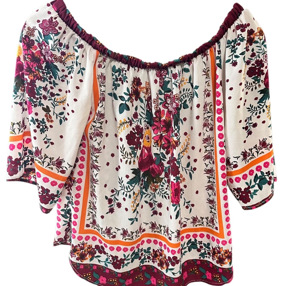 Rue 21 Floral Peasant Blouse White 1/2 Sleeve Boho Off Shoulder